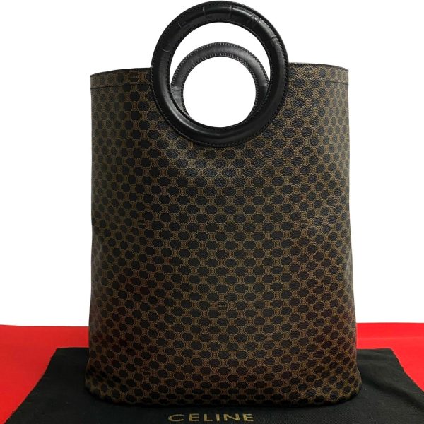 498a243363758 1 Celine Macadam Blason Circle Logo Handle Leather Tote Handbag Black Brown