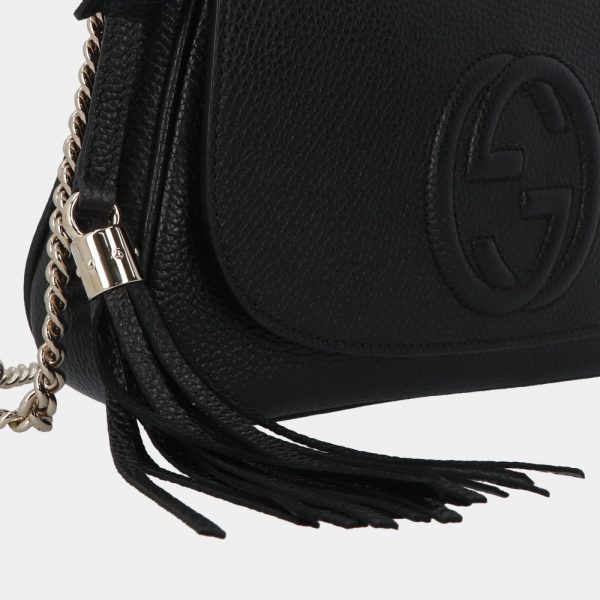 4guc16 00031 07 Gucci Soho Cellarius Interlocking GG Logo Fringe Leather Black Gold