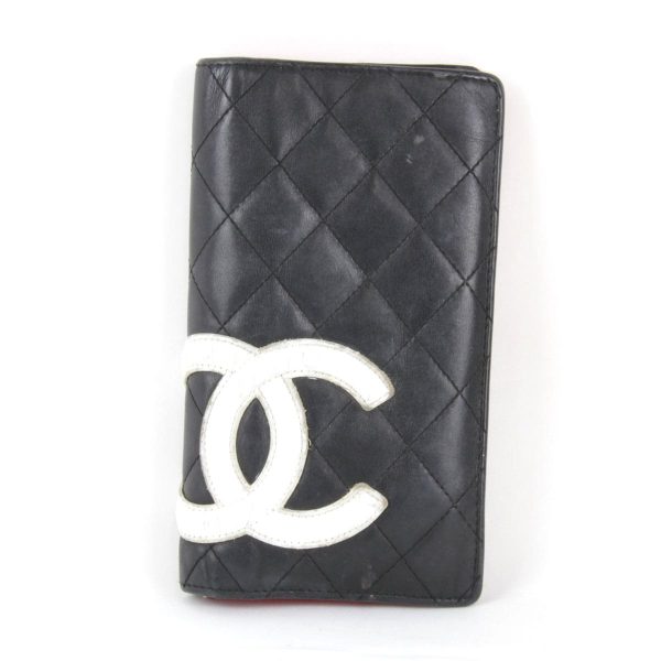 5204231106763t 1 Chanel Cambon Line Leather Bifold Long Wallet Black White