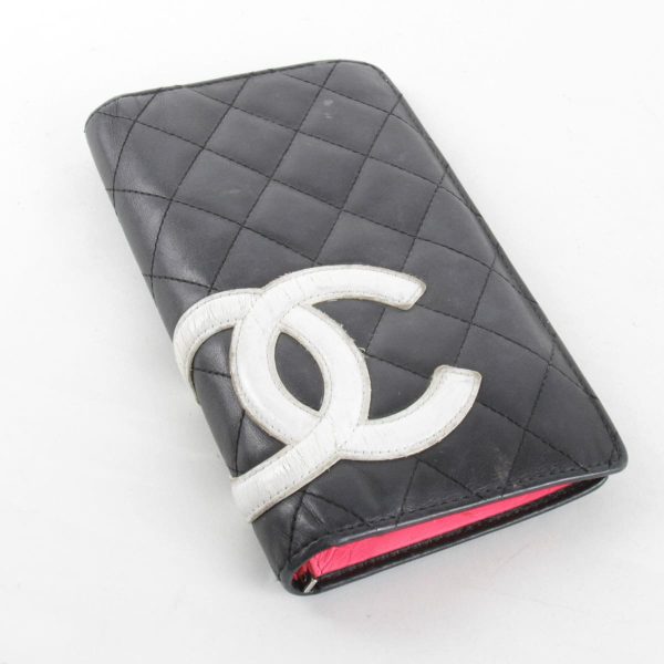 5204231106763t 3 Chanel Cambon Line Leather Bifold Long Wallet Black White