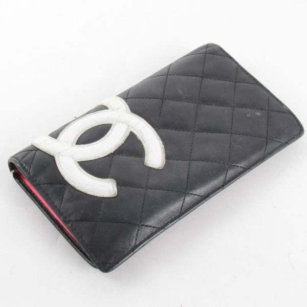 5204231106763t 4 Chanel Cambon Line Leather Bifold Long Wallet Black White