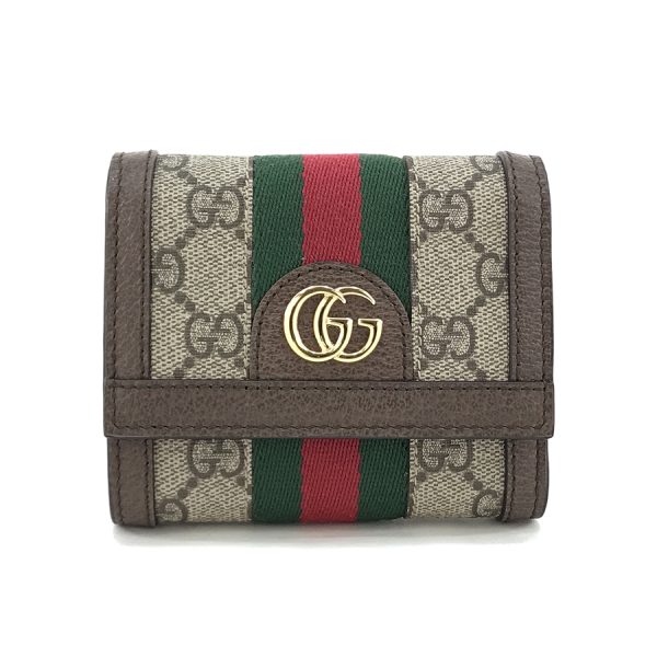 523174 96iwg 8745 01 Gucci GG Supreme Canvas Wallet Tri Fold Compact Beige Ebony Red Green Gold