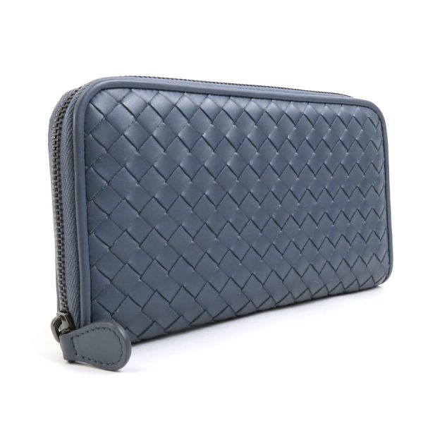 55566f 1 Bottega Veneta Round Zipper Long Wallet Intrecciato Leather Navy