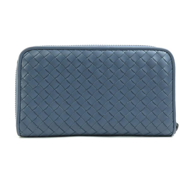 55566f 2 Bottega Veneta Round Zipper Long Wallet Intrecciato Leather Navy