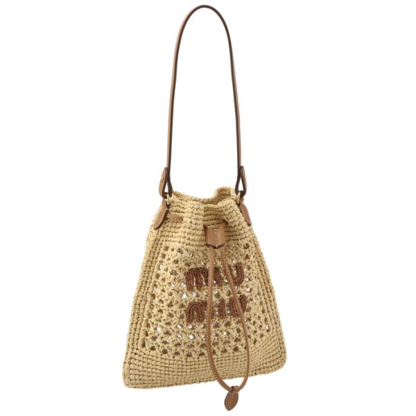 5nd0162do1a5t Miu Miu Crochet Drawstring Bag Naturale Cognac