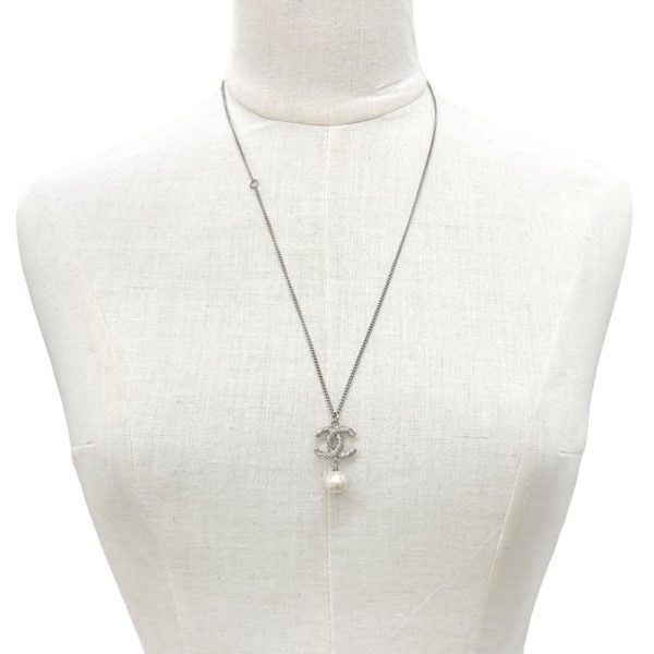 6615 5 Chanel Coco Mark Rhinestone Pearl Necklace Silver