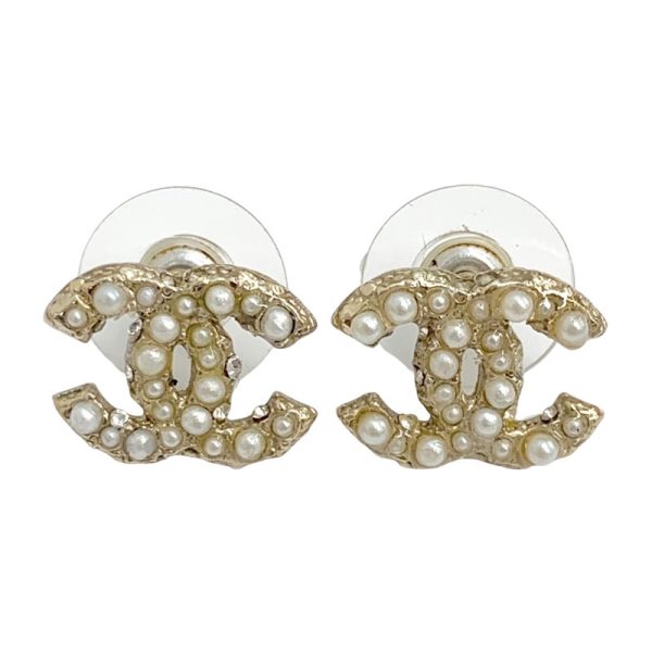 6743 0 Chanel Coco Mark Rhinestone GP Fake Pearl Earrings Gold