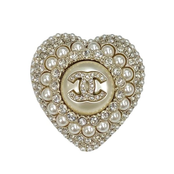 6846 0 Chanel Corsage Coco Mark Heart Rhinestone Pearl Brooch Gold White