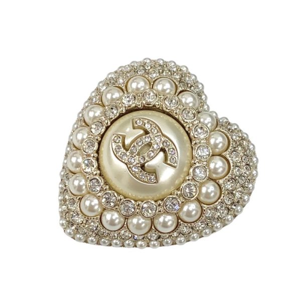 6846 1 Chanel Corsage Coco Mark Heart Rhinestone Pearl Brooch Gold White