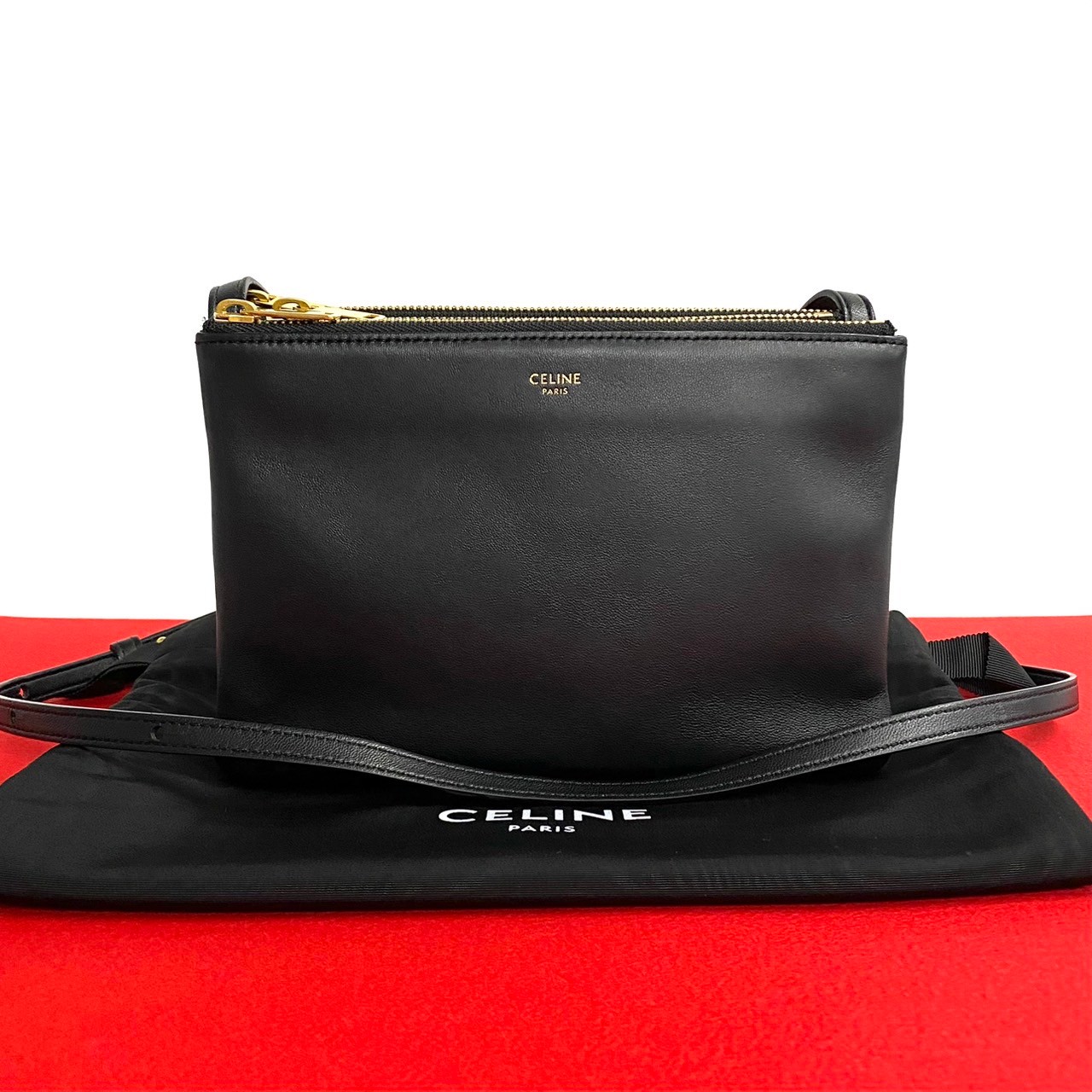 Celine Trio Small Leather Shoulder Bag Pochette Crossbody Black