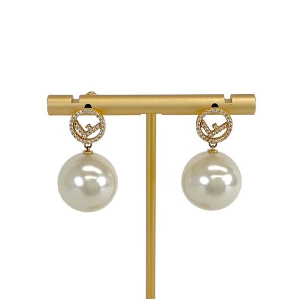 7116 5 Fendi Rhinestone Pearl Earrings Gold White