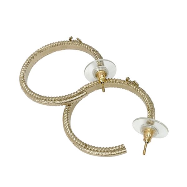 7245 2 Chanel Coco Mark Rhinestone Hoop Earrings Gold