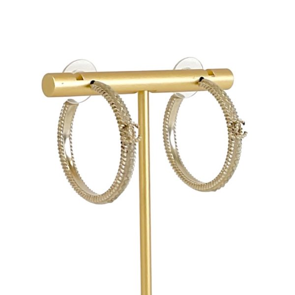 7245 7 Chanel Coco Mark Rhinestone Hoop Earrings Gold