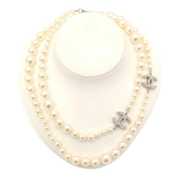 73697 1 Chanel Cocomark Fake Pearl Necklace White