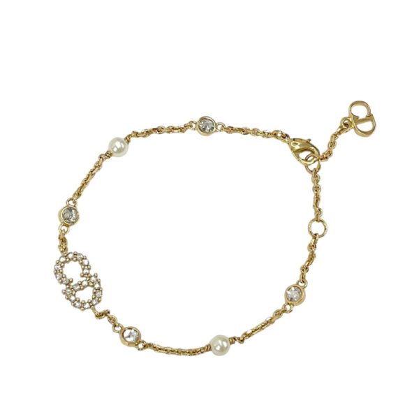 7372 0 Christian Dior Clair D Lune Logo Pearl Rhinestone Bracelet Gold