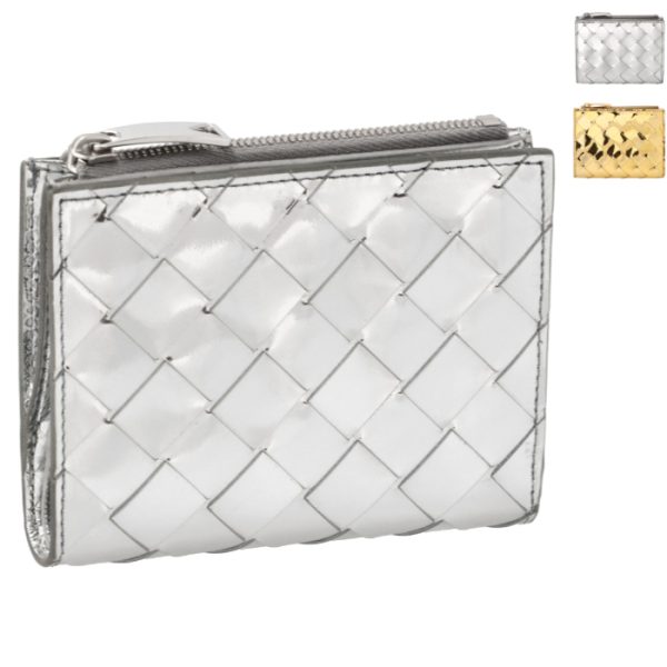 742330v3qm5 Bottega Veneta Wallet Bifold Intrecciato Small Zipper Wallet Metallic Laminate