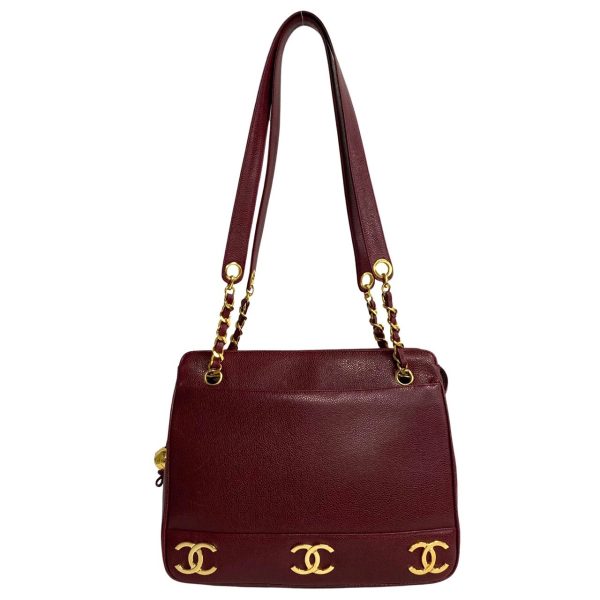 757k757 16858 1 Chanel Triple Coco Caviar Skin Leather Chain Tote Bag Bordeaux