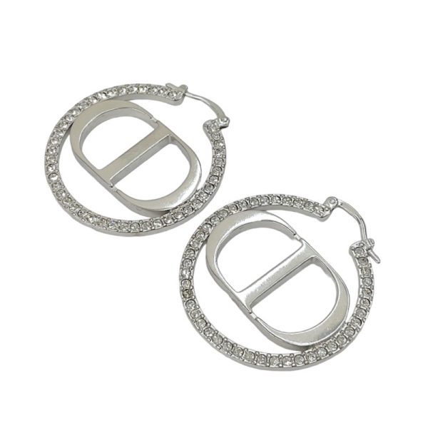 7585 0 Christian Dior 30 Montaigne Rhinestone CD Lopgo Hoop Earrings Silver