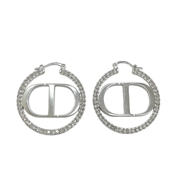 7585 1 Christian Dior 30 Montaigne Rhinestone CD Lopgo Hoop Earrings Silver