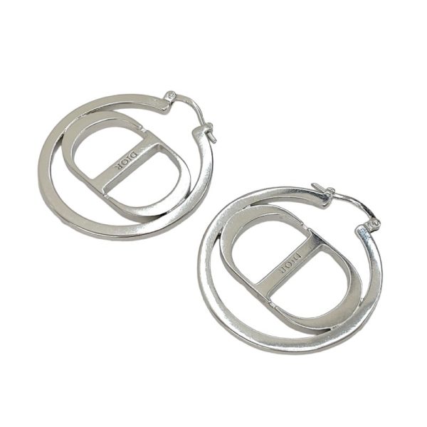 7585 3 Christian Dior 30 Montaigne Rhinestone CD Lopgo Hoop Earrings Silver