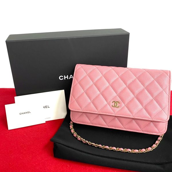 760k760 15560 1 Chanel Caviar Skin Matelasse Leather Chain Mini Shoulder Bag Wallet Pink