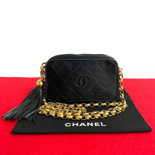 770a769 13017 1 Chanel Matelasse Satin Leather Chain Fringe Mini Shoulder Bag Black