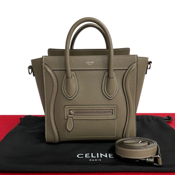 772a772 33328 1 Celine Luggage Nano Shopper Drummed Calfskin 2way Shoulder Handbag Greige