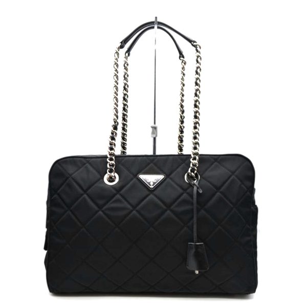 79657 1 Prada Tessuto Nylon Quilted Chain Leather Tote Black