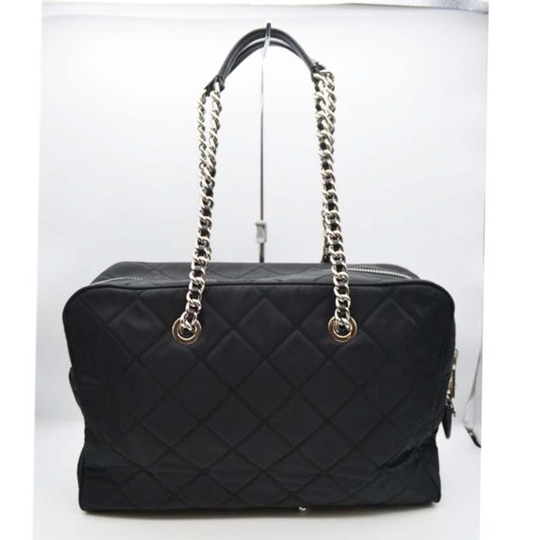 79657 2 Prada Tessuto Nylon Quilted Chain Leather Tote Black