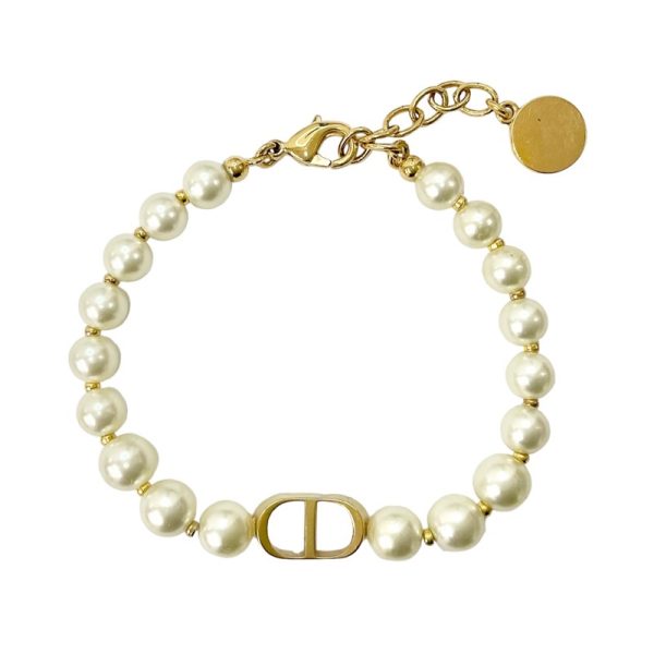 8089 2 Christian Dior 30 Montaigne Metal CD Logo Pearl Bracelet Gold