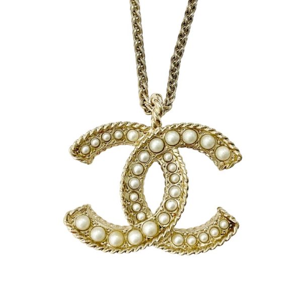 8090 1 Chanel GP Coco Mark Pearl Pendant Necklace Gold White