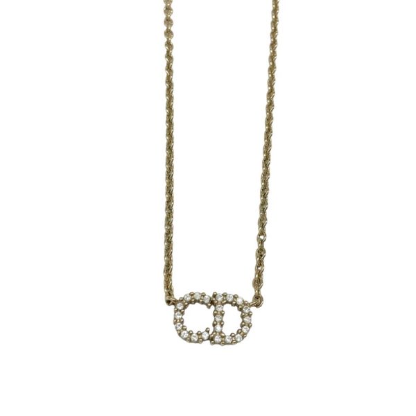 8094 1 Christian Dior Claur D Lune Rhinestone Metal Necklace Gold