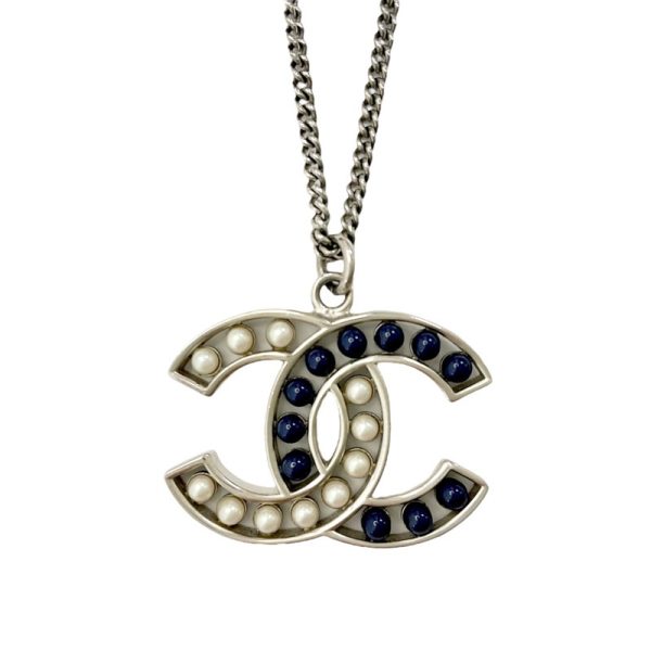 8096 0 Chanel GP Coco Mark Pearl Pendant Necklace Silver Navy