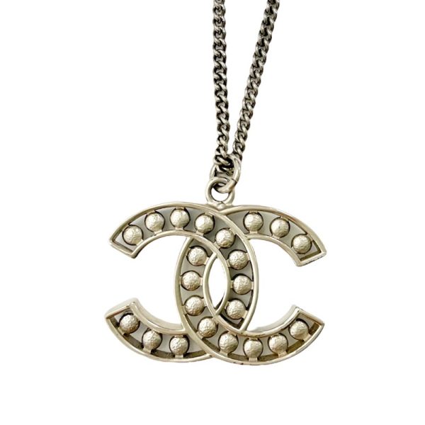 8096 2 Chanel GP Coco Mark Pearl Pendant Necklace Silver Navy