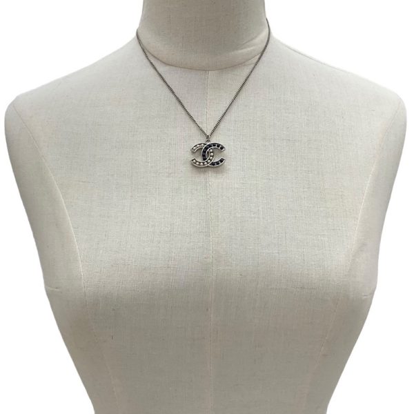 8096 5 Chanel GP Coco Mark Pearl Pendant Necklace Silver Navy