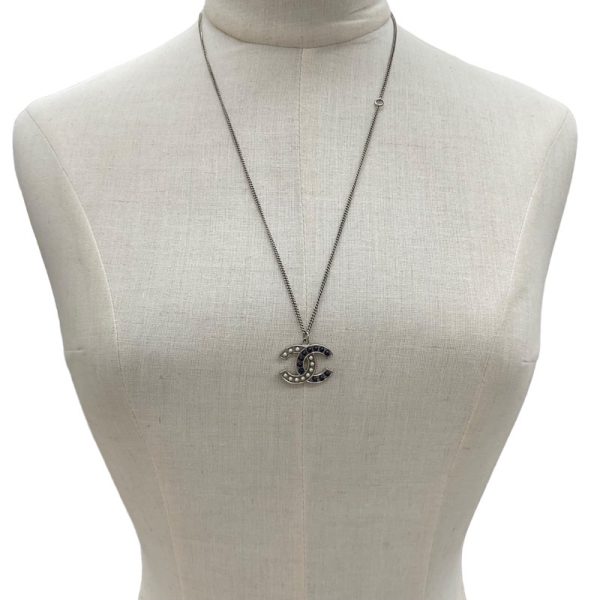 8096 6 Chanel GP Coco Mark Pearl Pendant Necklace Silver Navy