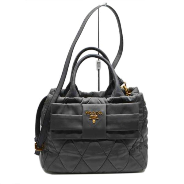 82907 1 Prada Tessuto Bomber Ribbon Leather Handbag Gray