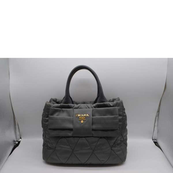 82907 3 Prada Tessuto Bomber Ribbon Leather Handbag Gray