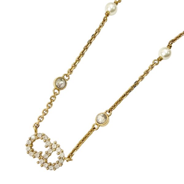 8306 0 Christian Dior Claur D Lune Logo Pearl Rhinestone Necklace Gold