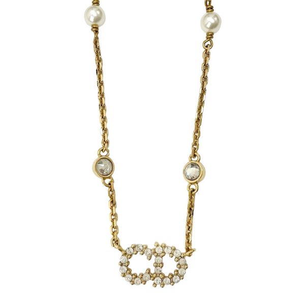 8306 1 Christian Dior Claur D Lune Logo Pearl Rhinestone Necklace Gold