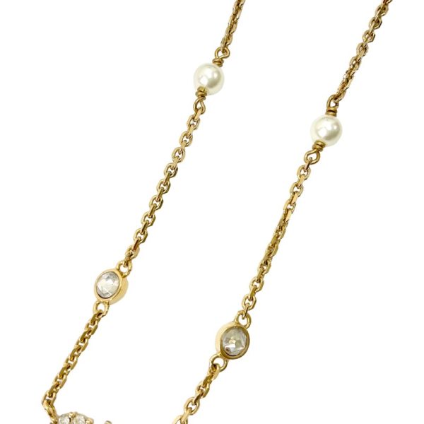 8306 4 Christian Dior Claur D Lune Logo Pearl Rhinestone Necklace Gold