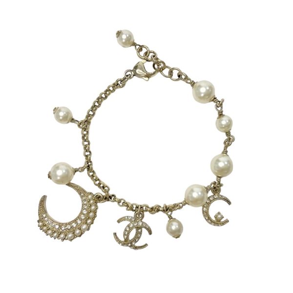 8474 0 Chanel Coco Mark Pearl Moon Rhinestone Bracelet Gold