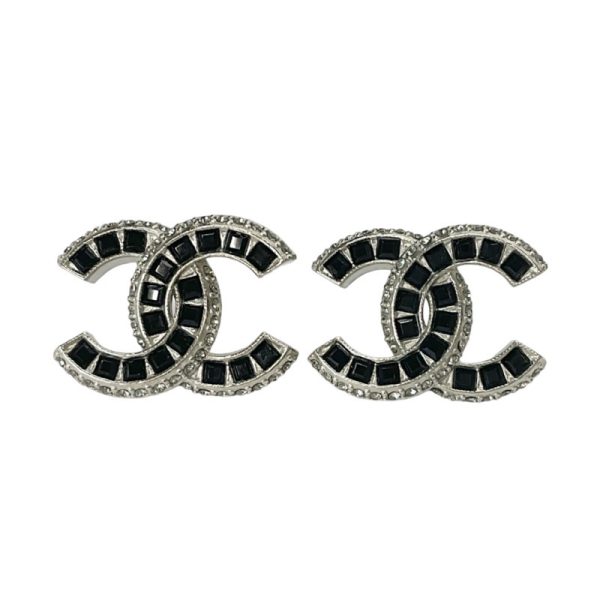 8475 0 Chanel Coco Mark Rhinestone Earrings Silver Black