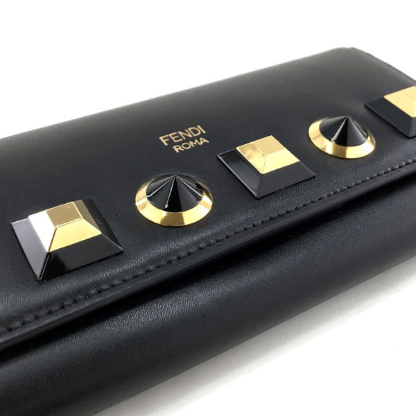 8m0365 sf2 f0kur 06 Fendi Leather Long Wallet Bifold Chain Wallet Studded Black