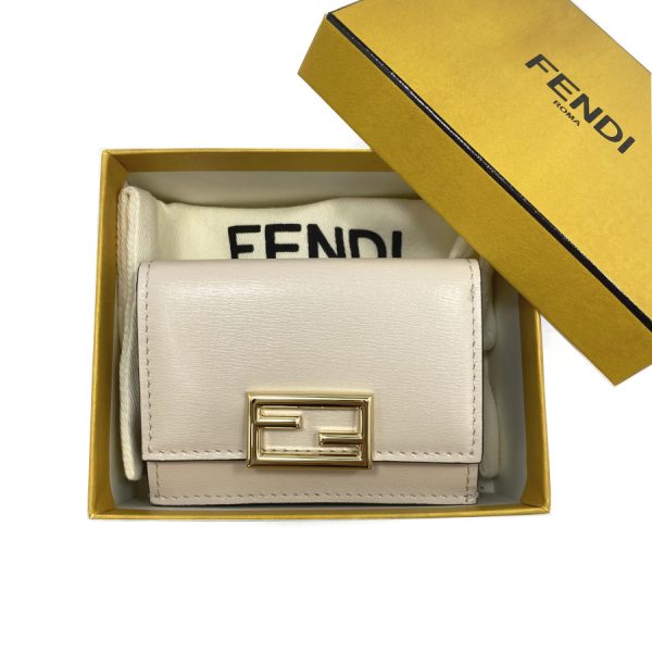 8m0395hm0f0vwm 07 Fendi Leather Wallet Trifold Compact Mini Baguette Camelia White Light Beige Ivory