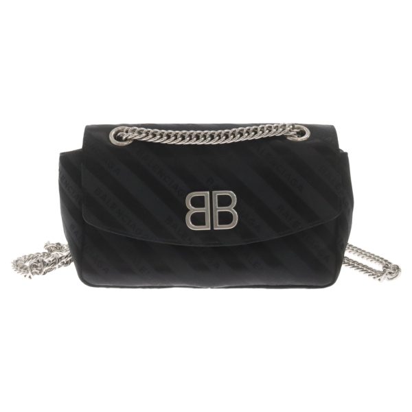 9024e230044 1 BALENCIAGA Logo All Over Pattern Bb Round Chain Shoulder Bag Nylon Black