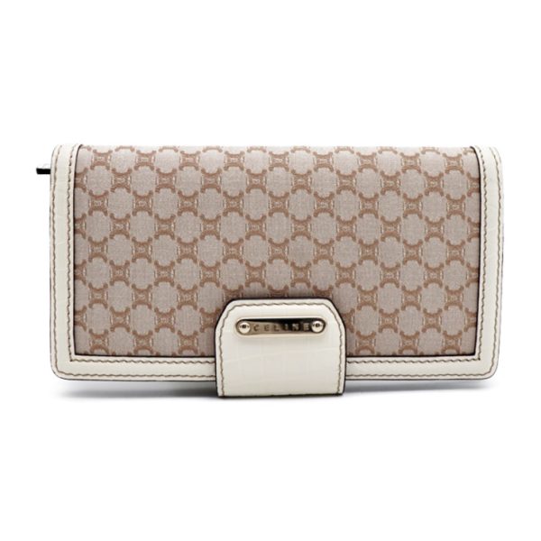 903043007074 01 1 Celine Macadam Pattern Leather Canvas Bifold Wallet Beige White