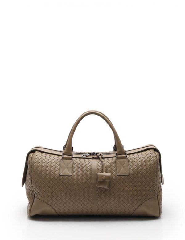 908103002069 1 Bottega Veneta Boston Bag Leather Gray Khaki Intrecciato