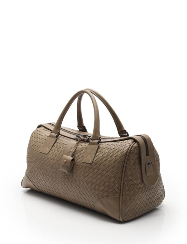 908103002069 2 Bottega Veneta Boston Bag Leather Gray Khaki Intrecciato