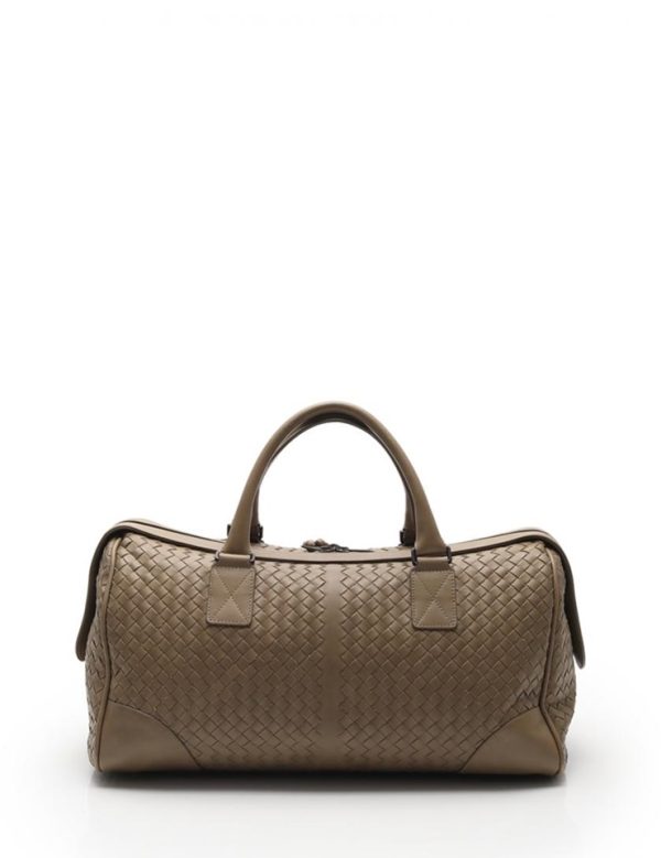 908103002069 3 Bottega Veneta Boston Bag Leather Gray Khaki Intrecciato